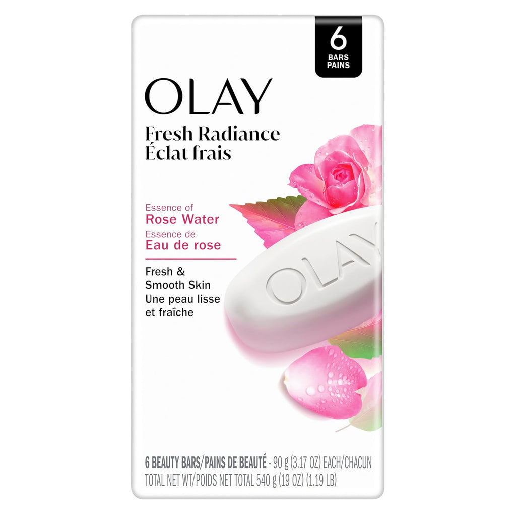 Olay Beauty Bar, Fresh Radiance, Nourishing & Refreshing Formula, Pampering for Smooth & Gentle Skin, Vitamin B3 Complex, Essence of Rose Water Scent, 3.17 oz (Pack of 6)