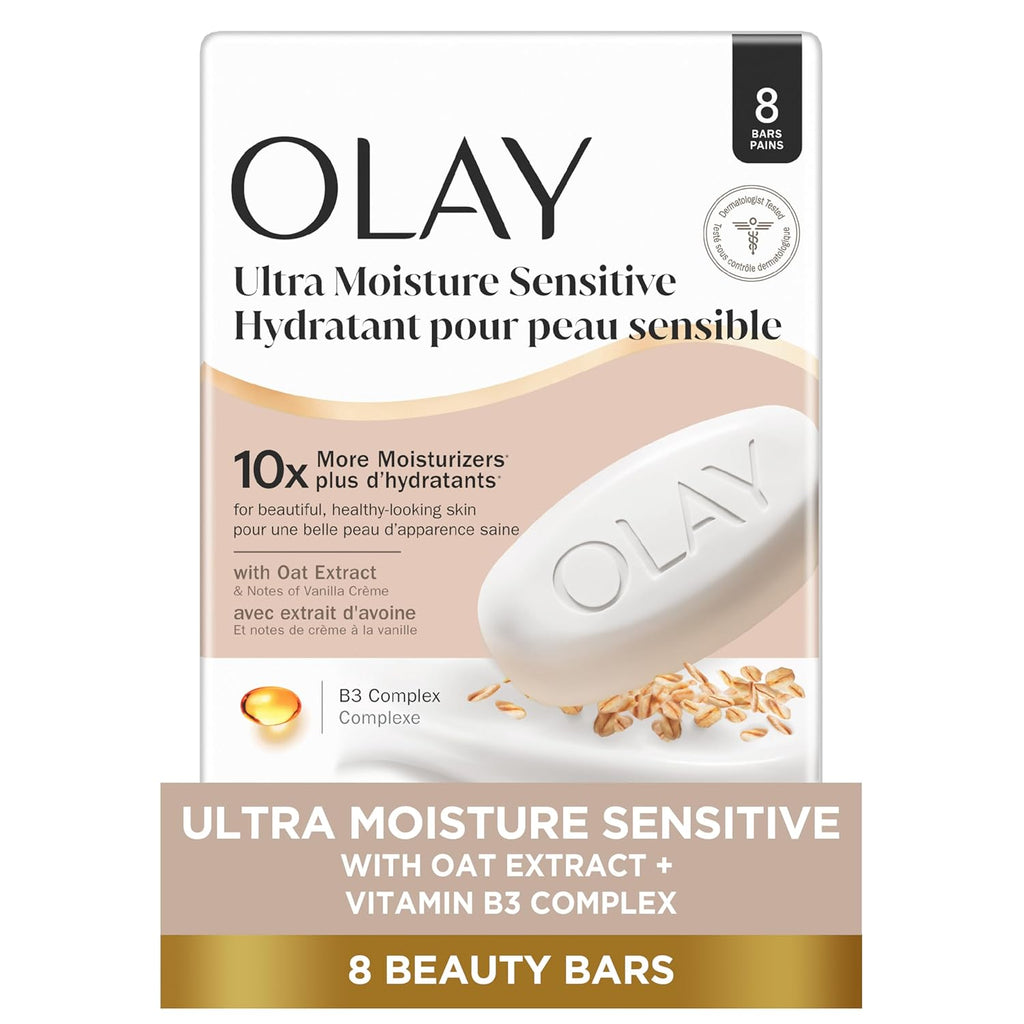 Olay Beauty Bar for Sensitive Skin, Ultra Moisture, 10x More Moisturizers, Nourishing Conditioners, Gentle on Skin, Vitamin B3 Complex, Oat Extract & Vanilla Crème Scent, 3.17 oz (Pack of 8)