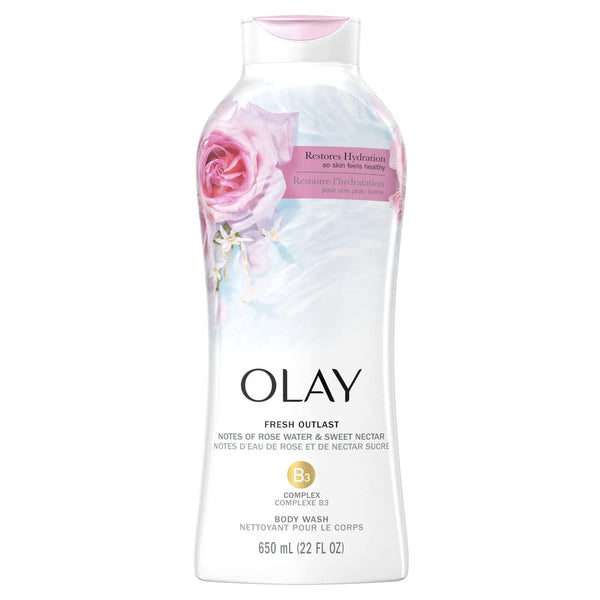 Olay Body Wash for Women, Fresh Radiance, Refreshing & Renewing, Made with Plant Based Cleansers, B3 Botanical Complex, For All Skin Types, Rose Water & Sweet Nectar Scent, 33 fl oz (Pack of 4)