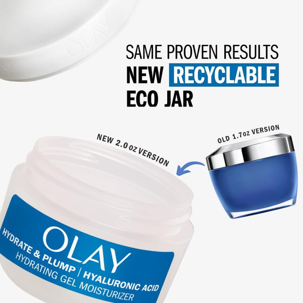 Olay Hylauronic Acid Face Mousturizer, Plump & Hydrate, Fragrance-Free - Hydrating Gel for Dry Skin Retain & Replenish Moisture, with Niacinamide - Recyclable Sustainable Eco Jar, Non-Greasy, 2 Oz