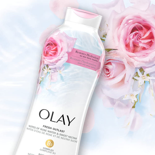 Olay Body Wash for Women, Fresh Radiance, Refreshing & Renewing, Made with Plant Based Cleansers, B3 Botanical Complex, For All Skin Types, Rose Water & Sweet Nectar Scent, 33 fl oz (Pack of 4)