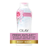 Olay Body Wash for Women, Fresh Radiance, Refreshing & Renewing, Made with Plant Based Cleansers, B3 Botanical Complex, For All Skin Types, Rose Water & Sweet Nectar Scent, 33 fl oz (Pack of 4)