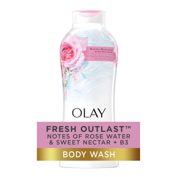 Olay Body Wash for Women, Fresh Radiance, Refreshing & Renewing, Made with Plant Based Cleansers, B3 Botanical Complex, For All Skin Types, Rose Water & Sweet Nectar Scent, 33 fl oz (Pack of 4)