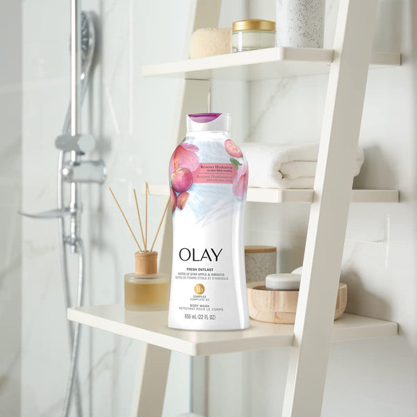 Olay Body Wash for Women, Fresh Radiance, Refreshing & Renewing, Made with Plant Based Cleansers, B3 Botanical Complex, For All Skin Types, Rose Water & Sweet Nectar Scent, 33 fl oz (Pack of 4)