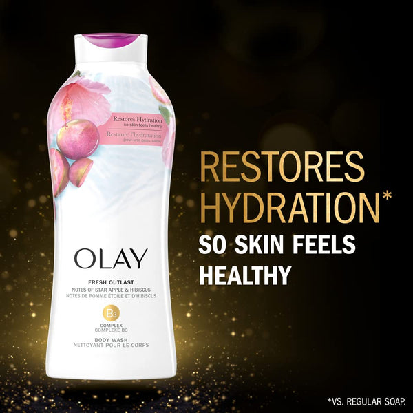 Olay Body Wash for Women, Fresh Radiance, Refreshing & Renewing, Made with Plant Based Cleansers, B3 Botanical Complex, For All Skin Types, Rose Water & Sweet Nectar Scent, 33 fl oz (Pack of 4)