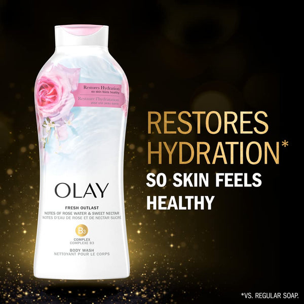 Olay Body Wash for Women, Fresh Radiance, Refreshing & Renewing, Made with Plant Based Cleansers, B3 Botanical Complex, For All Skin Types, Rose Water & Sweet Nectar Scent, 33 fl oz (Pack of 4)