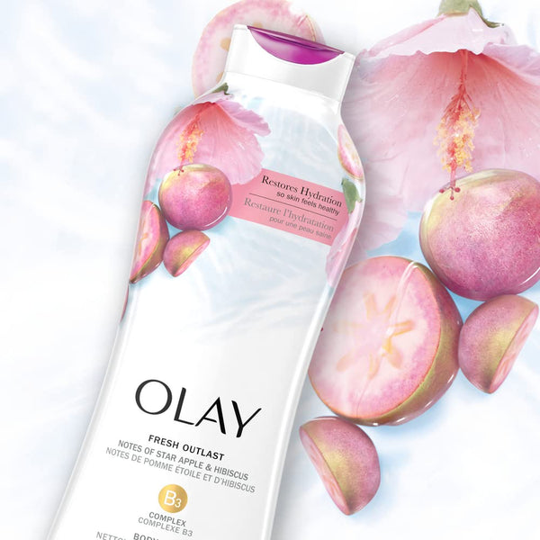 Olay Body Wash for Women, Fresh Radiance, Refreshing & Renewing, Made with Plant Based Cleansers, B3 Botanical Complex, For All Skin Types, Rose Water & Sweet Nectar Scent, 33 fl oz (Pack of 4)
