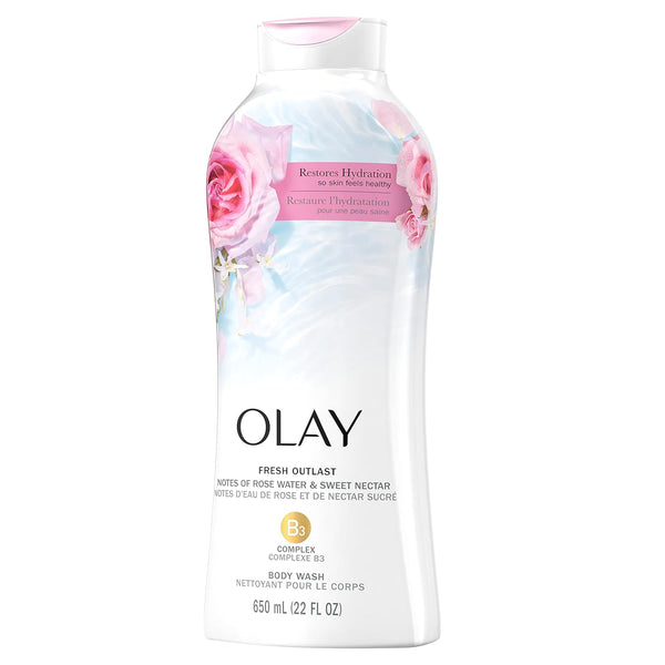 Olay Body Wash for Women, Fresh Radiance, Refreshing & Renewing, Made with Plant Based Cleansers, B3 Botanical Complex, For All Skin Types, Rose Water & Sweet Nectar Scent, 33 fl oz (Pack of 4)