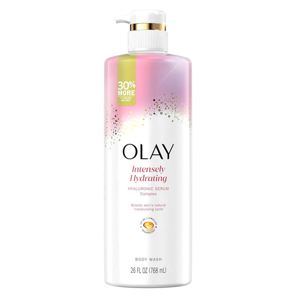 Olay Intensely Hydrating Body Wash + Body Lotion Bundle Pack, Moisturizing & Nourishing Formula with Hyaluronic Acid & Vitamin B3 Complex, 26 fl oz & 17 fl oz, (Pack of 2)