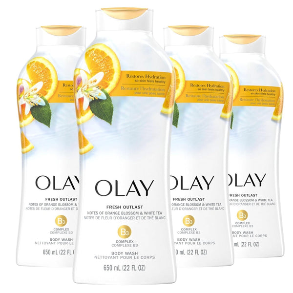 Olay Body Wash for Women, Fresh Radiance, Refreshing & Renewing, Made with Plant Based Cleansers, B3 Botanical Complex, For All Skin Types, Rose Water & Sweet Nectar Scent, 33 fl oz (Pack of 4)
