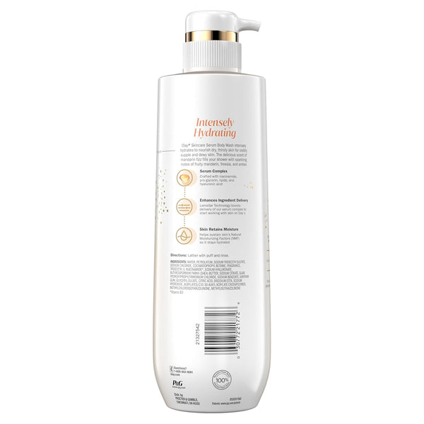 Olay Body Wash for Women, Intensely Hydrating, Pro-Hyaluronic Acid Serum Complex, Renews Moisture, Vitamin B3 Lameller Technology, For All Skin Types, Mandarin Summer Fizz Scent, 20 fl oz