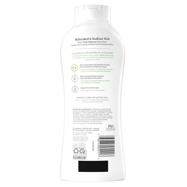 Olay Body Wash for Women, Fresh Radiance, Refreshing & Renewing, Made with Plant Based Cleansers, B3 Botanical Complex, For All Skin Types, Rose Water & Sweet Nectar Scent, 33 fl oz (Pack of 4)