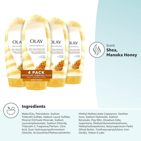 Olay Moisture Ribbons Body Wash with Shea and Notes of Jasmine Petals, 18 fl oz, (Pack of 4)