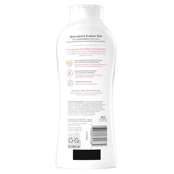 Olay Body Wash for Women, Fresh Radiance, Refreshing & Renewing, Made with Plant Based Cleansers, B3 Botanical Complex, For All Skin Types, Rose Water & Sweet Nectar Scent, 33 fl oz (Pack of 4)