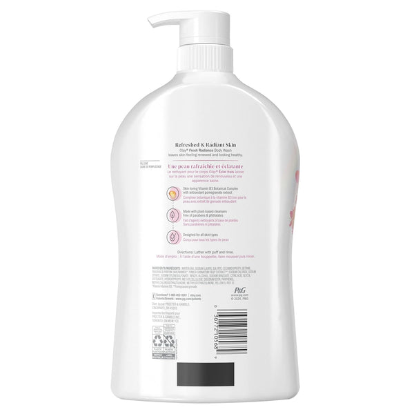 Olay Body Wash for Women, Fresh Radiance, Refreshing & Renewing, Made with Plant Based Cleansers, B3 Botanical Complex, For All Skin Types, Peach & Cherry Blossom Scent, 33 fl oz