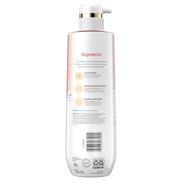 Olay Body Wash for Women, Regenerist Smoothing, Niacinamide Serum Complex, Renews Moisture, Free of Parabens & Phthalates, Vitamin B3 Lameller Technology, For All Skin Types, 20 fl oz (Pack of 4)