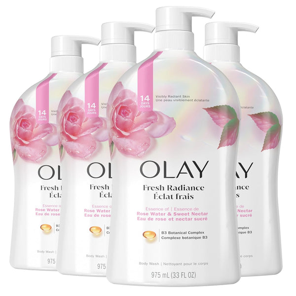 Olay Body Wash for Women, Fresh Radiance, Refreshing & Renewing, Made with Plant Based Cleansers, B3 Botanical Complex, For All Skin Types, Rose Water & Sweet Nectar Scent, 33 fl oz (Pack of 4)