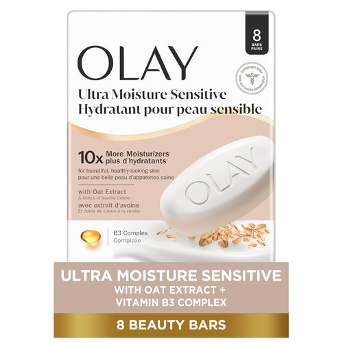 Olay Beauty Bar for Sensitive Skin, Ultra Moisture, 10x More Moisturizers, Nourishing Conditioners, Gentle on Skin, Vitamin B3 Complex, Oat Extract & Vanilla Crème Scent, 3.17 oz (Pack of 8)