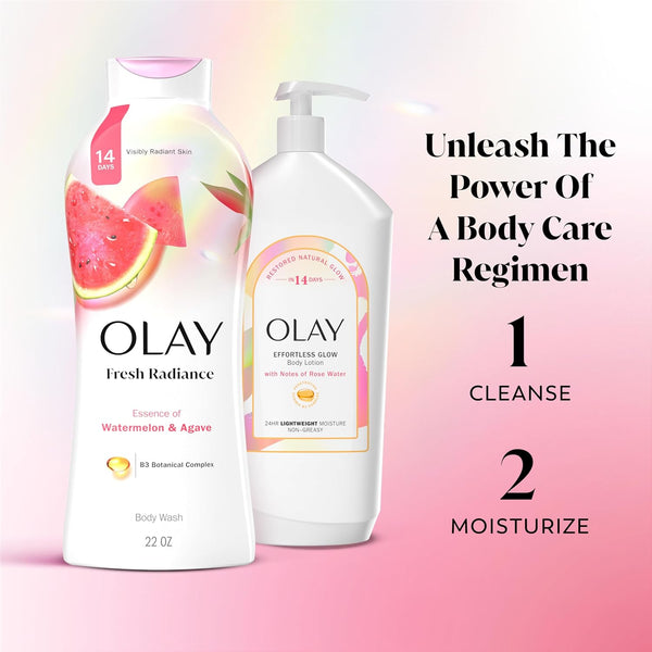 Olay Body Wash for Women, Fresh Radiance, Refreshing & Renewing, Made with Plant Based Cleansers, B3 Botanical Complex, For All Skin Types, Rose Water & Sweet Nectar Scent, 33 fl oz (Pack of 4)