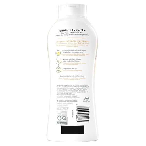 Olay Body Wash for Women, Fresh Radiance, Refreshing & Renewing, Made with Plant Based Cleansers, B3 Botanical Complex, For All Skin Types, Rose Water & Sweet Nectar Scent, 33 fl oz (Pack of 4)