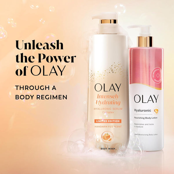 Olay Body Wash for Women, Intensely Hydrating, Pro-Hyaluronic Acid Serum Complex, Renews Moisture, Vitamin B3 Lameller Technology, For All Skin Types, Mandarin Summer Fizz Scent, 20 fl oz