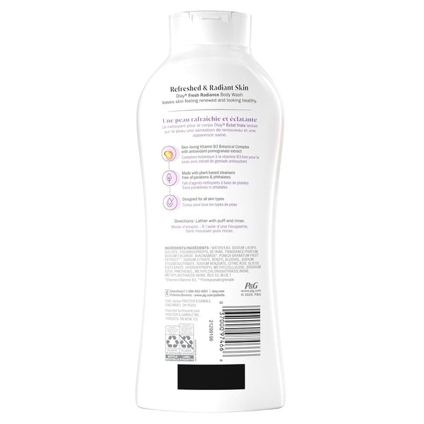 Olay Body Wash for Women, Fresh Radiance, Refreshing & Renewing, Made with Plant Based Cleansers, B3 Botanical Complex, For All Skin Types, Rose Water & Sweet Nectar Scent, 33 fl oz (Pack of 4)