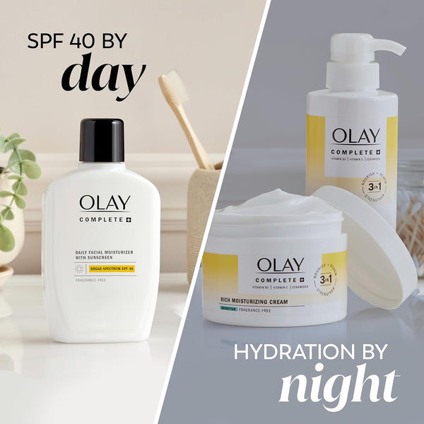 Olay Complete+ Face Moisturizer with Sunscreen SPF 40, For Sensitive Skin, Broad Spectrum Sun Protection, Fragrence-Free - No White Cast on All Tones, Nourishes Moisture Barrier - Ceramides, 6 Oz