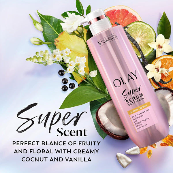 Olay Super Serum Body Wash for Normal Skin, 24hr Long Lasting Hydration, 5+ Ingredient Serum Complex for Bright Even Firm Luminous Skin, 18.5 fl oz