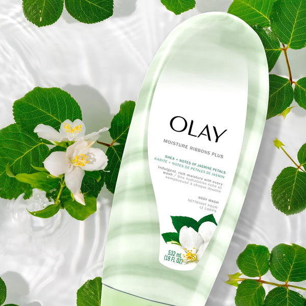 Olay Moisture Ribbons Body Wash with Shea and Notes of Jasmine Petals, 18 fl oz, (Pack of 4)
