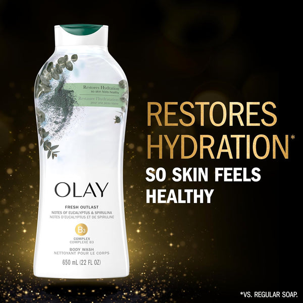 Olay Body Wash for Women, Fresh Radiance, Refreshing & Renewing, Made with Plant Based Cleansers, B3 Botanical Complex, For All Skin Types, Rose Water & Sweet Nectar Scent, 33 fl oz (Pack of 4)