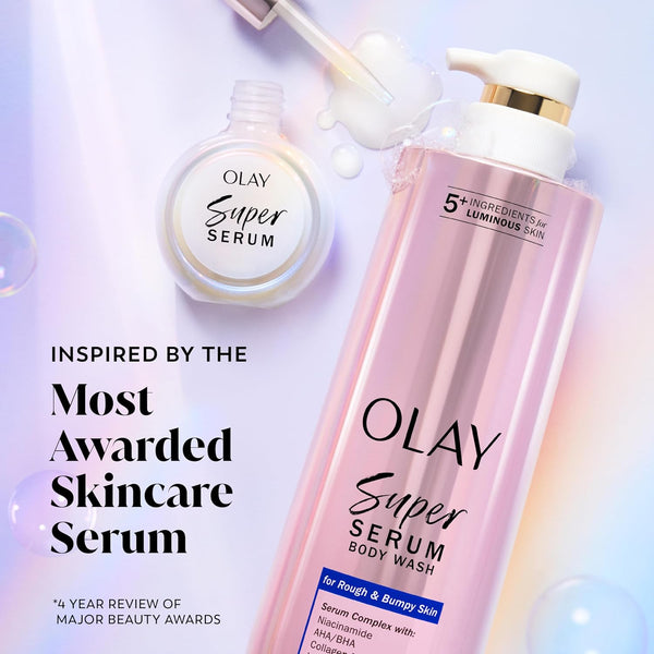 Olay Super Serum Body Wash for Normal Skin, 24hr Long Lasting Hydration, 5+ Ingredient Serum Complex for Bright Even Firm Luminous Skin, 18.5 fl oz