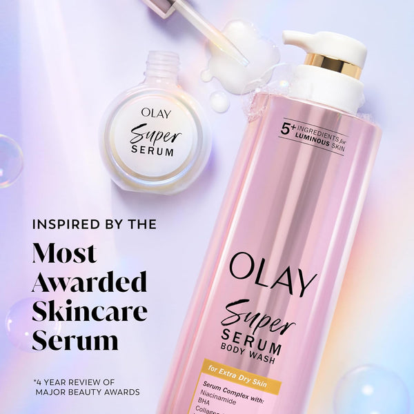 Olay Super Serum Body Wash for Normal Skin, 24hr Long Lasting Hydration, 5+ Ingredient Serum Complex for Bright Even Firm Luminous Skin, 18.5 fl oz