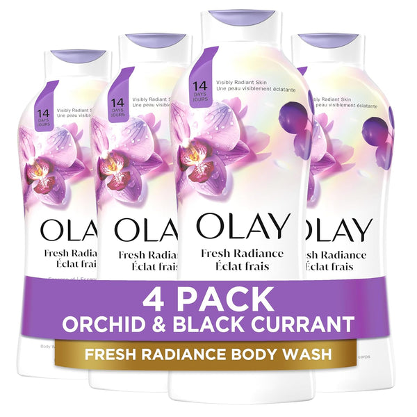 Olay Body Wash for Women, Fresh Radiance, Refreshing & Renewing, Made with Plant Based Cleansers, B3 Botanical Complex, For All Skin Types, Rose Water & Sweet Nectar Scent, 33 fl oz (Pack of 4)