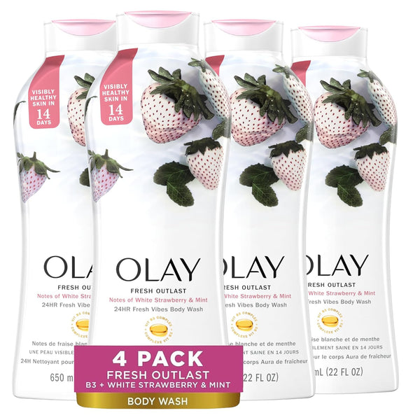 Olay Body Wash for Women, Fresh Radiance, Refreshing & Renewing, Made with Plant Based Cleansers, B3 Botanical Complex, For All Skin Types, Rose Water & Sweet Nectar Scent, 33 fl oz (Pack of 4)