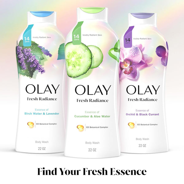 Olay Body Wash for Women, Fresh Radiance, Refreshing & Renewing, Made with Plant Based Cleansers, B3 Botanical Complex, For All Skin Types, Rose Water & Sweet Nectar Scent, 33 fl oz (Pack of 4)