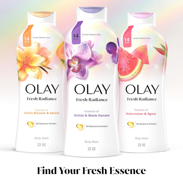 Olay Body Wash for Women, Fresh Radiance, Refreshing & Renewing, Made with Plant Based Cleansers, B3 Botanical Complex, For All Skin Types, Rose Water & Sweet Nectar Scent, 33 fl oz (Pack of 4)