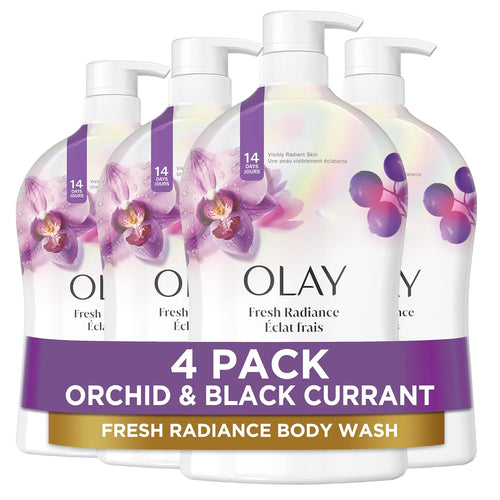 Olay Body Wash for Women, Fresh Radiance, Refreshing & Renewing, Made with Plant Based Cleansers, B3 Botanical Complex, For All Skin Types, Orchid & Black Currant Scent, 33 fl oz (Pack of 4)