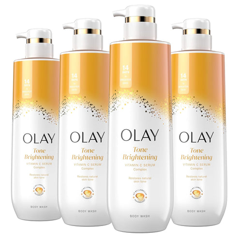 Olay Body Wash for Women, Tone Brightening Exfoliation, Vitamin C Serum Complex, Renew Moisture, Free of Parabens & Phthalates, Vitamin B3 Lameller Technology, For All Skin Types, 20 fl oz (Pack of 4)