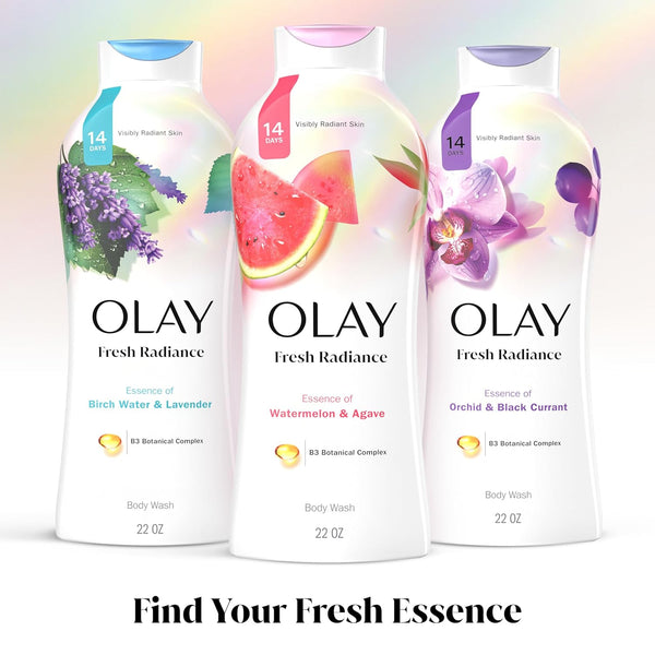 Olay Body Wash for Women, Fresh Radiance, Refreshing & Renewing, Made with Plant Based Cleansers, B3 Botanical Complex, For All Skin Types, Rose Water & Sweet Nectar Scent, 33 fl oz (Pack of 4)