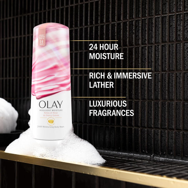 Olay Body Wash for Women, Indulgent Moisture, 24hr Moisturizing & Nourishing Formula, Infused with Vitamin B3 Complex, Luxurious Fragrances, Elderberry & Almond Cream Scent, 20 fl oz