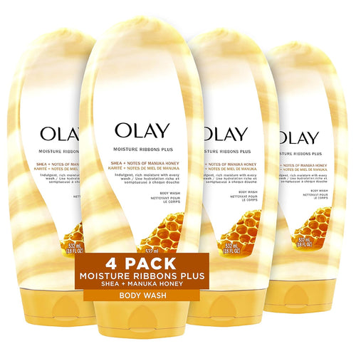Olay Moisture Ribbons Body Wash with Shea and Notes of Jasmine Petals, 18 fl oz, (Pack of 4)