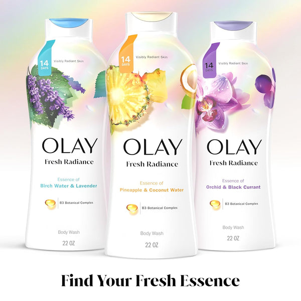 Olay Body Wash for Women, Fresh Radiance, Refreshing & Renewing, Made with Plant Based Cleansers, B3 Botanical Complex, For All Skin Types, Rose Water & Sweet Nectar Scent, 33 fl oz (Pack of 4)