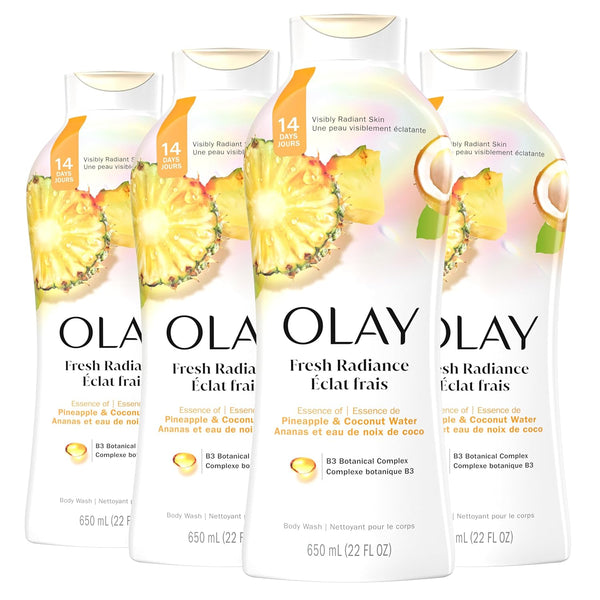 Olay Body Wash for Women, Fresh Radiance, Refreshing & Renewing, Made with Plant Based Cleansers, B3 Botanical Complex, For All Skin Types, Rose Water & Sweet Nectar Scent, 33 fl oz (Pack of 4)