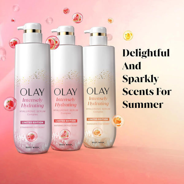 Olay Body Wash for Women, Intensely Hydrating, Pro-Hyaluronic Acid Serum Complex, Renews Moisture, Vitamin B3 Lameller Technology, For All Skin Types, Mandarin Summer Fizz Scent, 20 fl oz