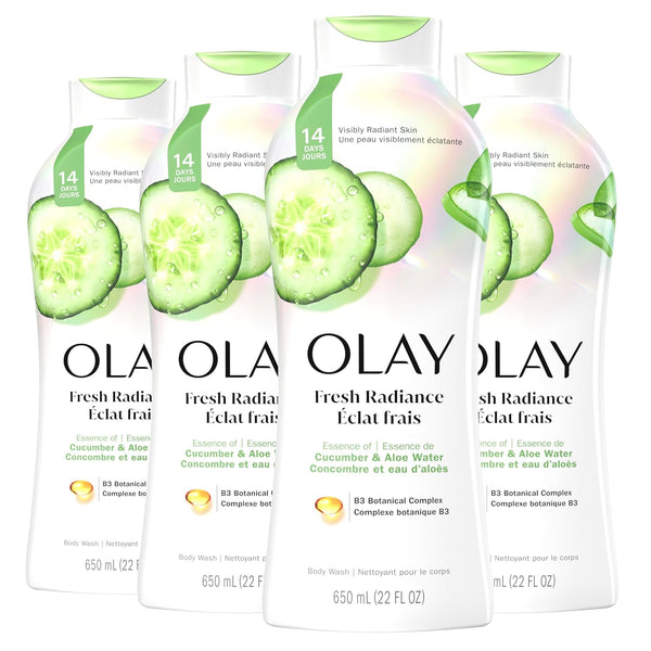 Olay Body Wash for Women, Fresh Radiance, Refreshing & Renewing, Made with Plant Based Cleansers, B3 Botanical Complex, For All Skin Types, Rose Water & Sweet Nectar Scent, 33 fl oz (Pack of 4)