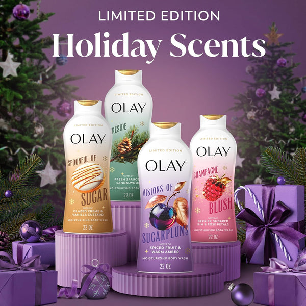 Olay Body Wash for Women, Hydrating & Moisturizing, Holiday Edition, With Plant Based Cleansers, B3 Complex, For All Skin Types, Champagne Blush with Berries Sugared Rim & Rose Petals Scent, 22 fl oz